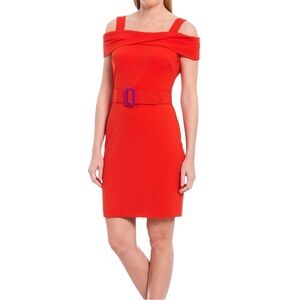 Belle Badgley Mischka Red Crepe Belted Short Dress Size 4